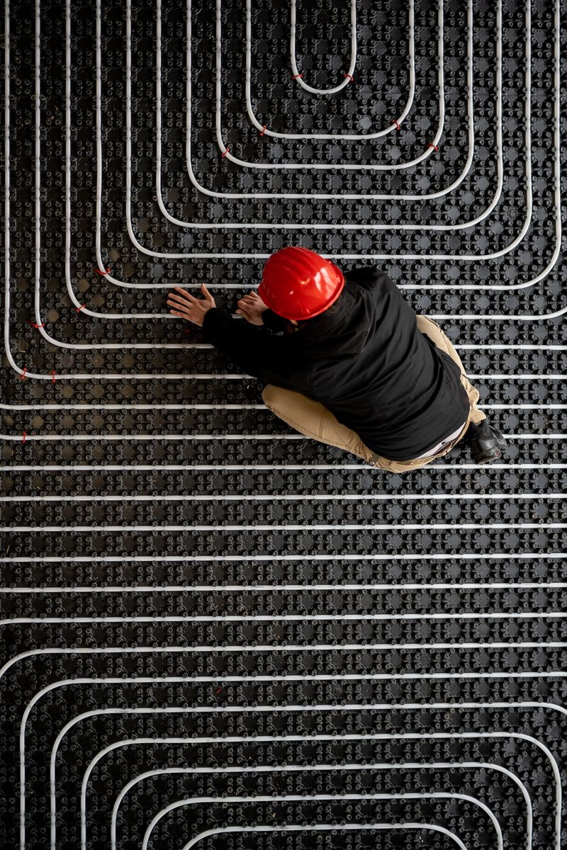 High angle view of plumber finishing arrangement of heating pipes under floor. White pattern on dark background. Construction of modern family house.