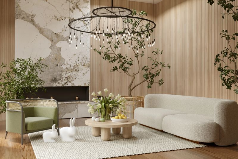 3d rendered living room with contemporary furniture and Easter decoration in apartment