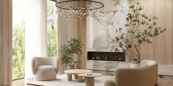 Sophisticated interior with elegant dining and lush greenery.