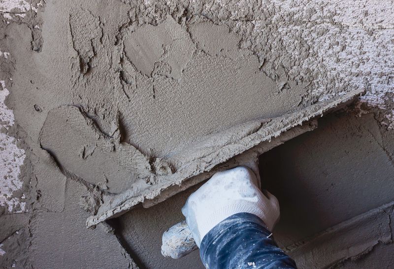 Construction workers plaster the facade of the house. Worker plastering tool plaster marble on interior plaster rough