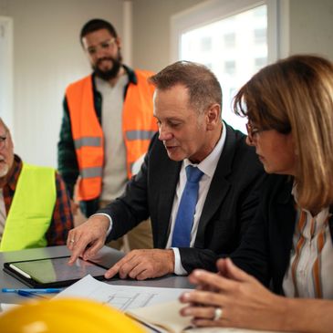 Business professionals and construction workers discussing plans.