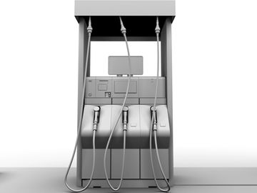 A monochrome gas station pump with multiple nozzles and hoses.