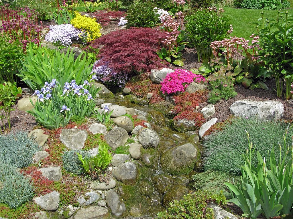 Colorful garden with rocks and a small stream.