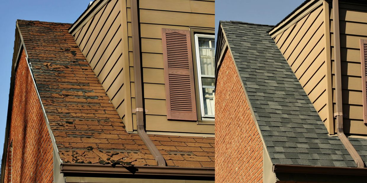 Side-by-side comparison of old, damaged roof and newly shingled roof on a brick house.
