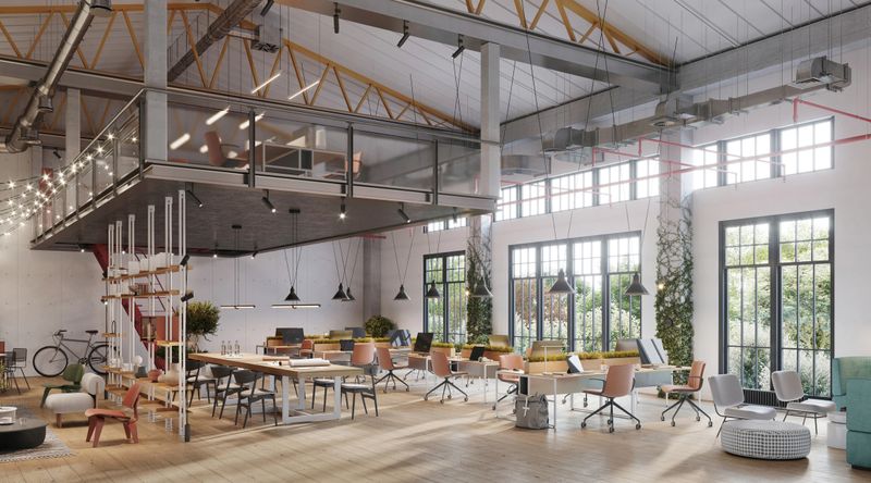 Computer-generated image of creative office working space with plants. Eco-friendly open plan office in 3D.