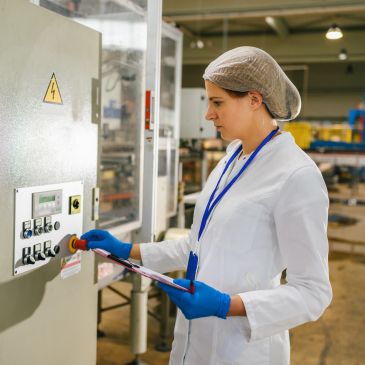 A female technician operating industrial machinery in a factory setting.