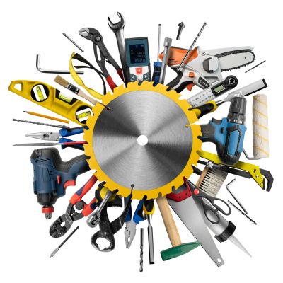 A circular saw blade surrounded by various hand and power tools arranged in a circle.