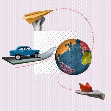 Abstract collage with a car, paper plane, globe, and paper boat.