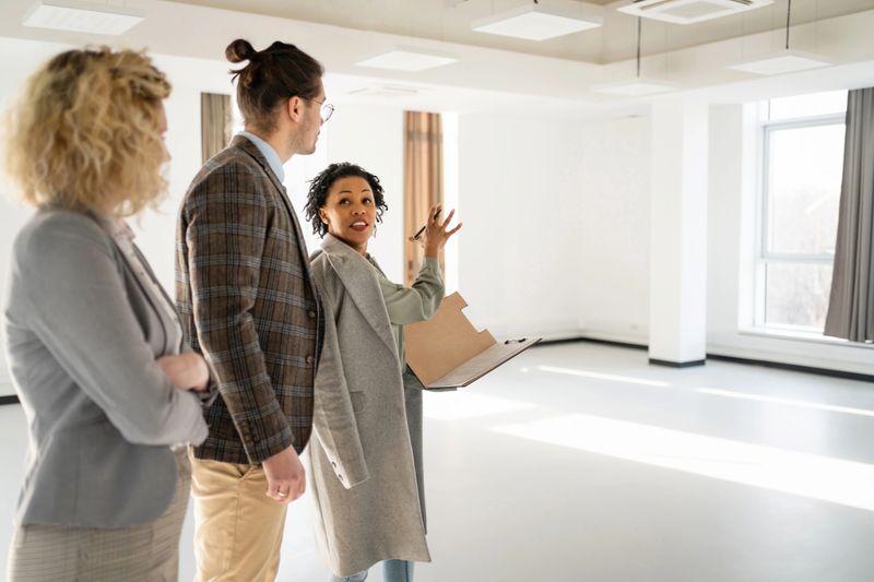 Female real estate agent of Black ethnicity, showing the property to a modern Caucasian couple