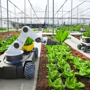 Robotic arm harvesting lettuce in a greenhouse.