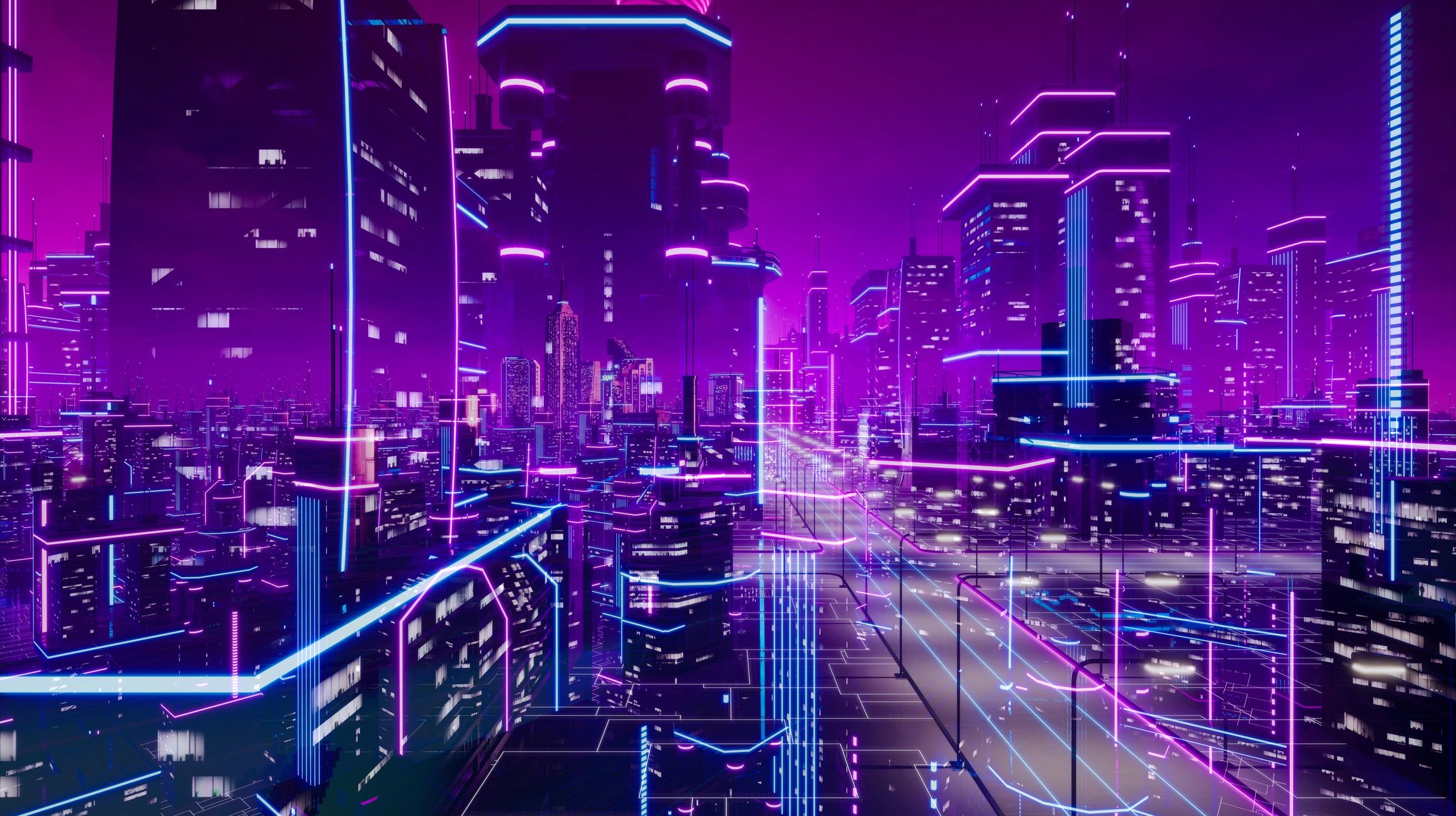 A futuristic cityscape glowing with neon purple lights; featuring tall glass towers.