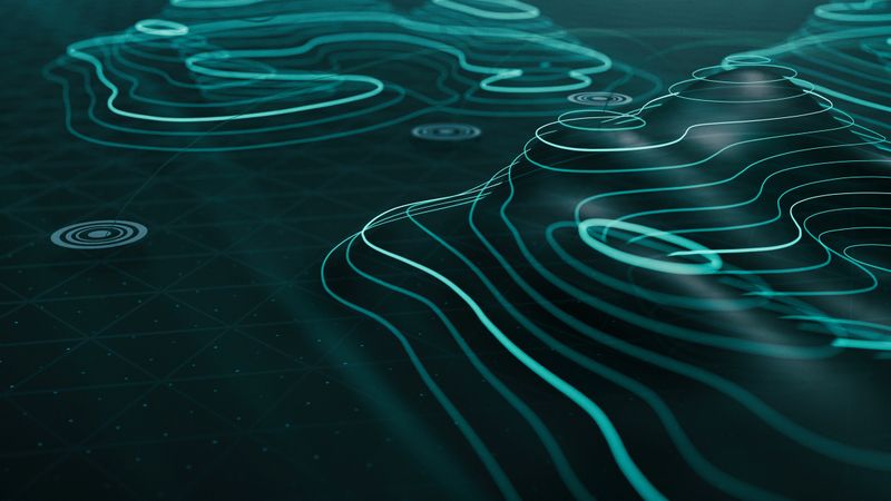 Abstract Hologram Landscape background - 3d rendered image of topology structure map. Polygonal wireframe design element.
Virtual reality,  Augmented reality technology concept. Plexus design elements - connections symbol.