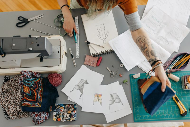 High angle view of  designer at work