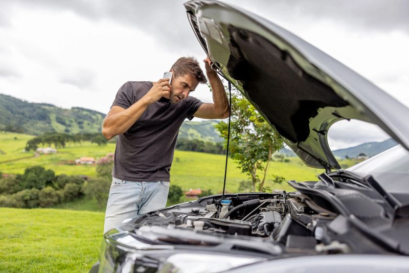 Brazilian man calling his car insurance after having a vehicle breakdown on the road