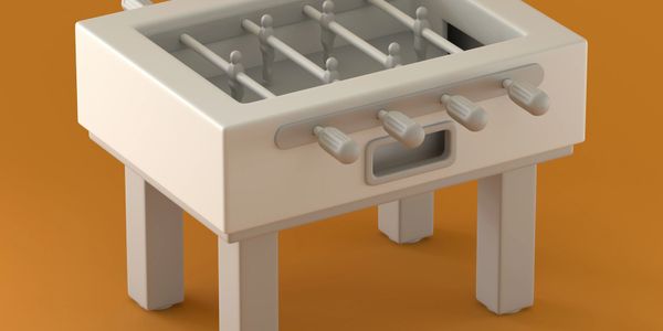 Minimalist white foosball table on an orange background.
