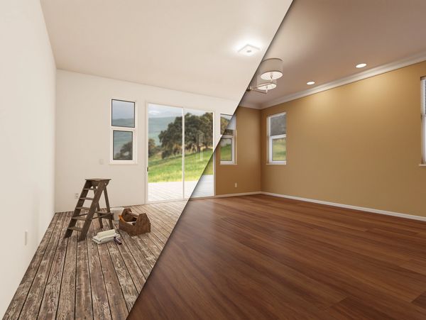 Unfinished Raw and Newly Remodeled Room of House Before and After with Wood Floors, Moulding