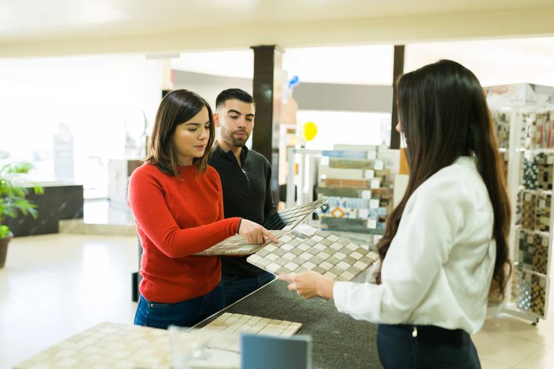 Young couple speaking with a salesperson while choosing and buying new tiles for their house