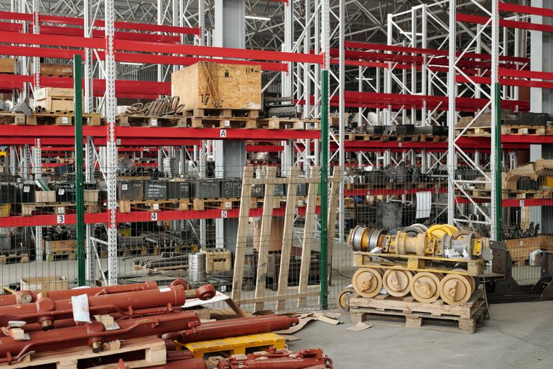 Spacious warehouse with variety of spare parts for machinery and shelves with crates inside large modern industrial plant