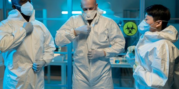 Three scientists wearing protective suits and masks in a biohazard lab.