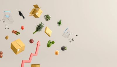 Rising prices of groceries shown by floating produce and upward arrow with coins.