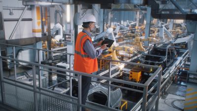 Worker monitoring factory production line with clipboard.