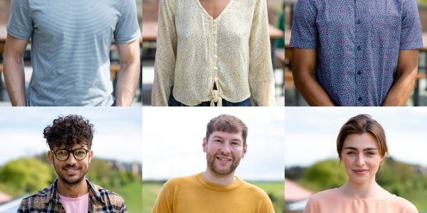 Six diverse people showcasing casual upper body clothing in a collage format.