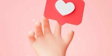 3D hand reaching towards a heart like icon.