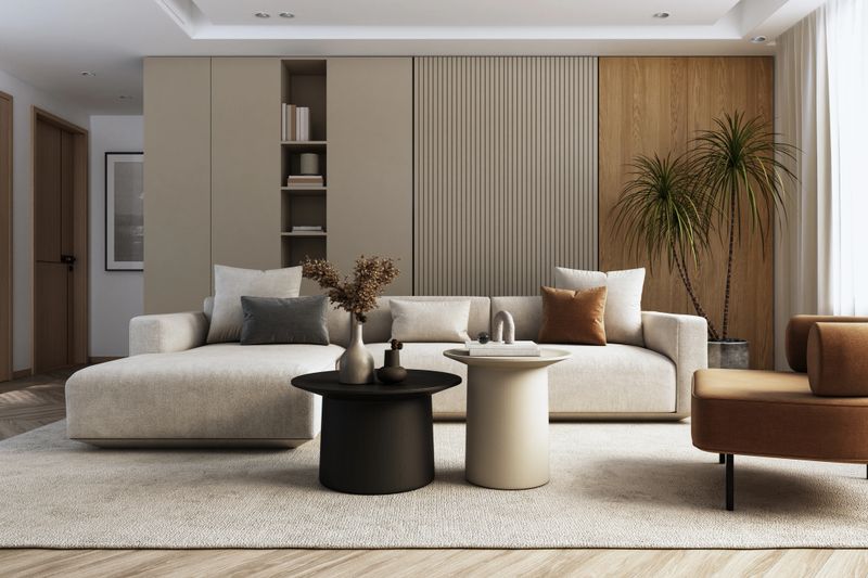 Living room interior design- 3d render beig, gray and brown colored furniture and wooden elements