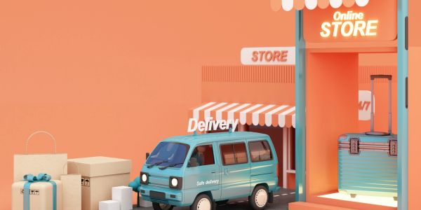 3D illustration of online store delivery with van and packages.