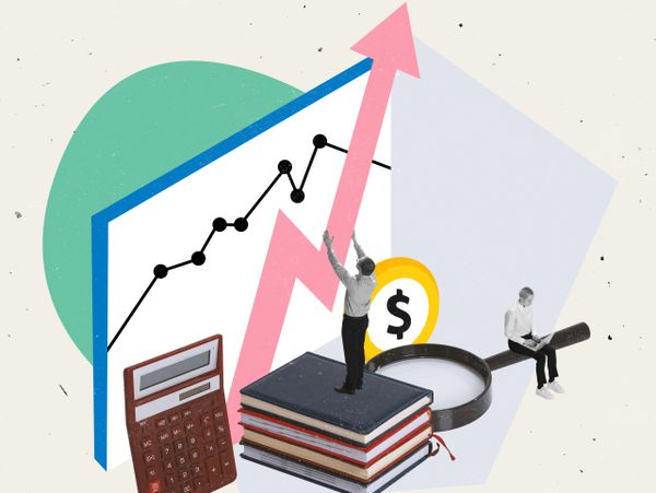 Illustration of financial growth with books, calculator, and upward graph.