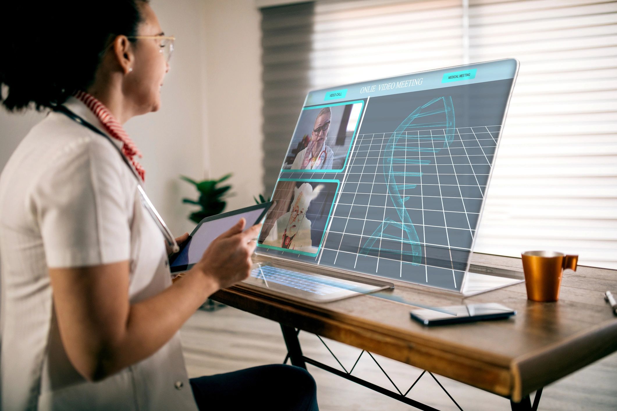 Doctor having a futuristic online video meeting with medical professionals.