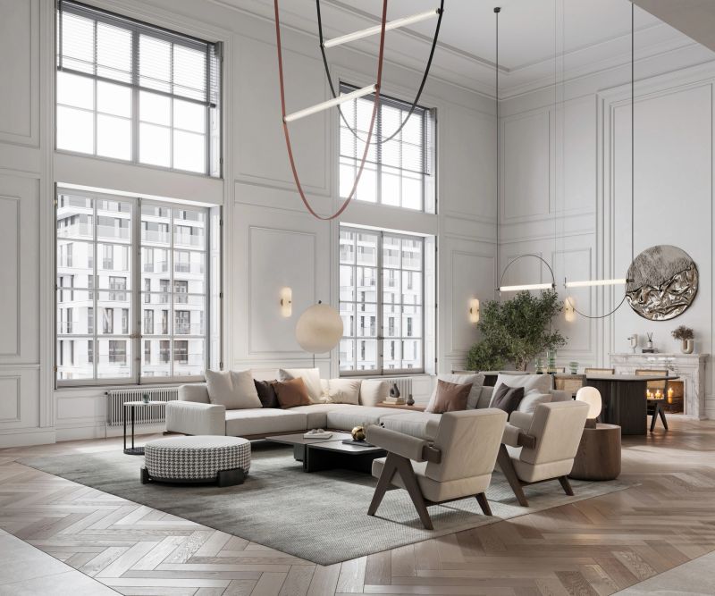 3D rendering of a well furnished living room. Luxurious interiors of a modern living room with sofa set, armchairs and electric lamps.