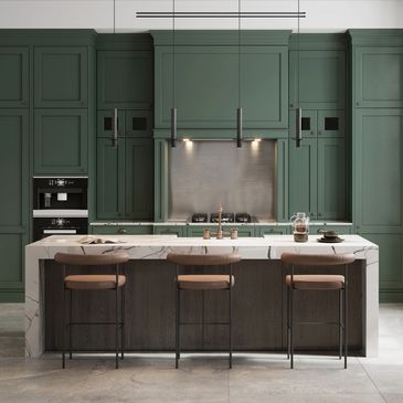 Kitchen with quartz waterfall island.