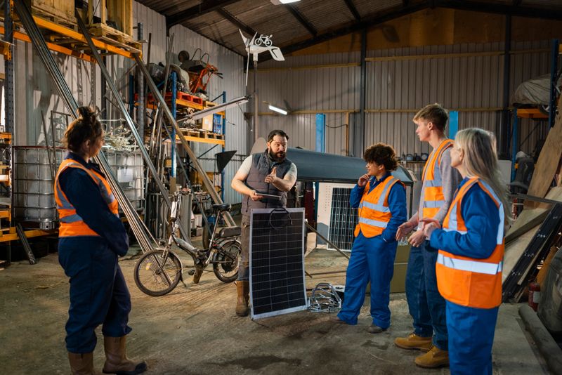 Team standing talking and learning together. The company uses renewable/sustainable energy and resources in the North East of England. They are working on an electric bicycle, holding a solar panel.