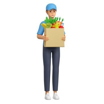 Delivery person carrying a box of fresh groceries.