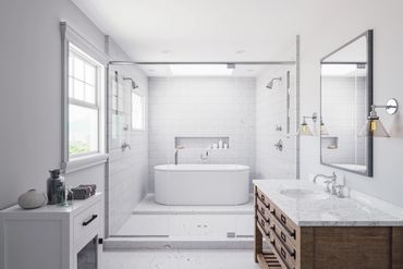 Modern bathroom with a freestanding tub and double vanity.