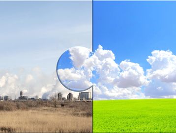 imagen a la derecha con tierra pasto verde y el cielo bien azul y una imagen a la izquierda seca