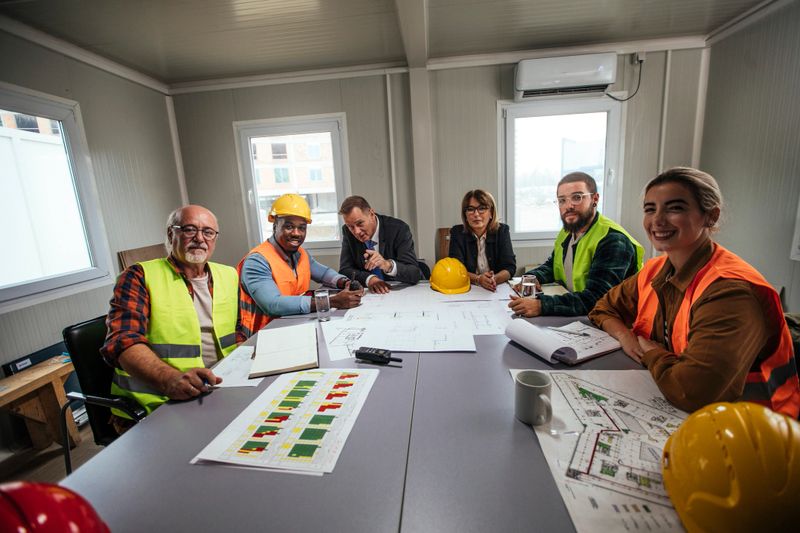 Portrait shot of investors and construction workers sitting in their building site office