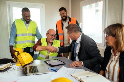 Construction and business professionals shaking hands in a meeting room.