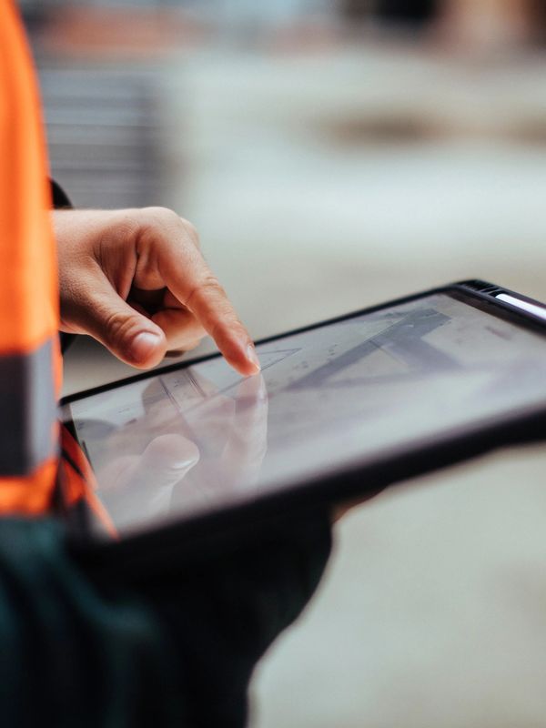 Person in safety vest using a tablet.