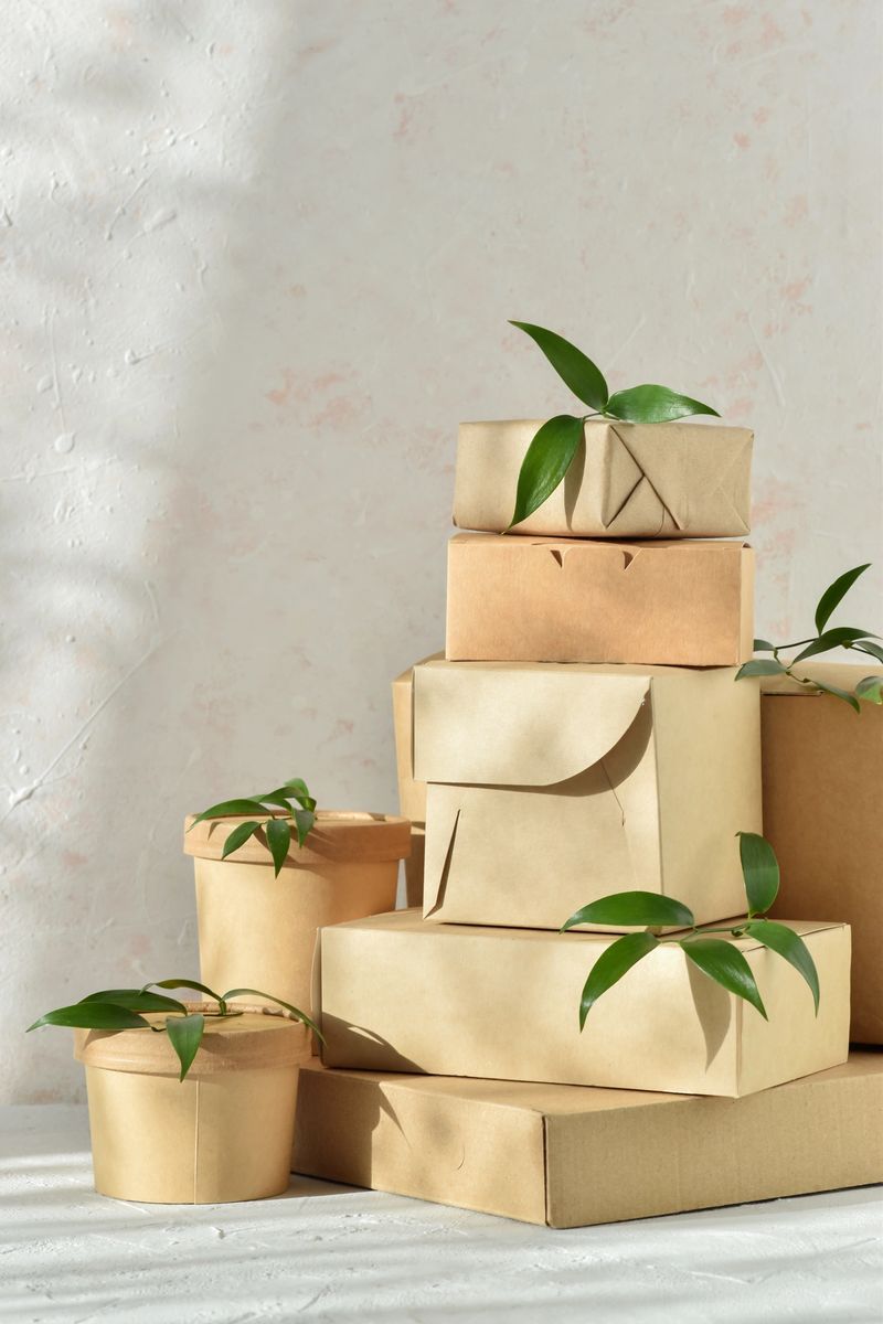 Eco packaging made of paper and cardboard. Takeaway food delivery. Zero waste. Flat layout, top view, place to copy.