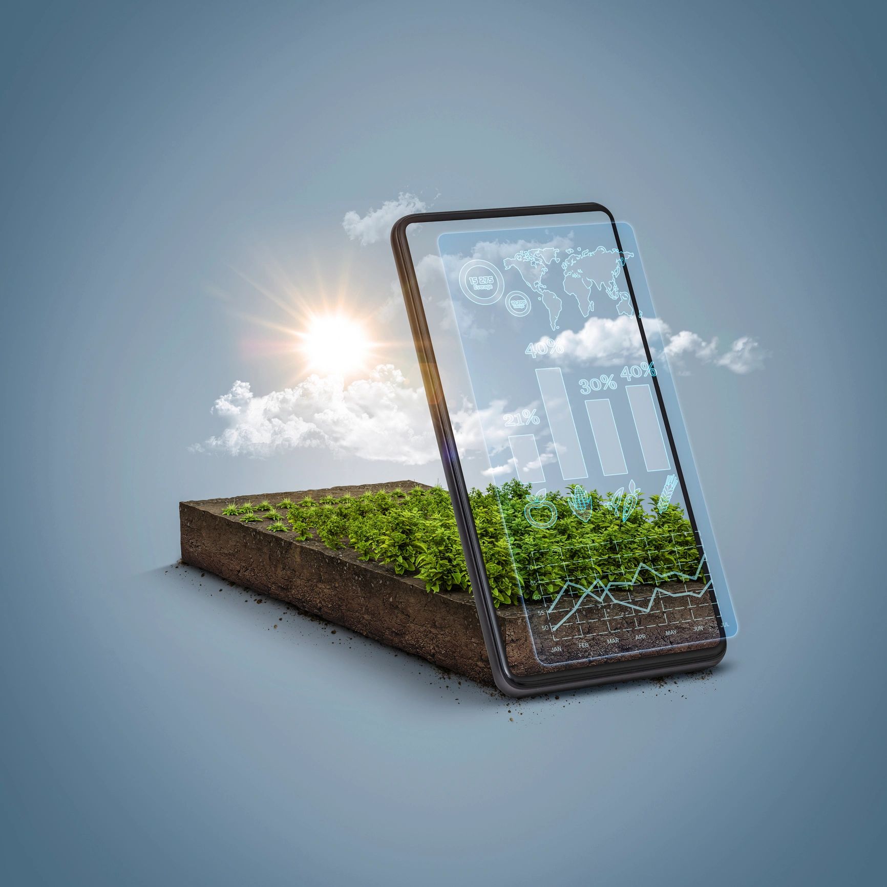 Smartphone with augmented reality showing agricultural data over a farm plot.