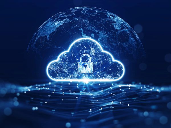 Digital cloud with a lock symbolizing secure data storage and protection.
