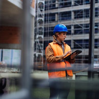 Construction worker in a blue helmet and orange vest using a tablet on site.