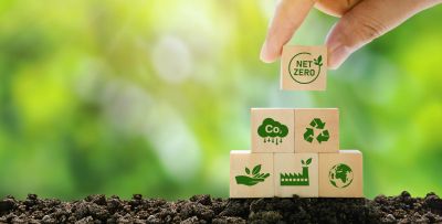 Hand stacking eco-friendly wooden blocks symbolizing net zero and sustainability.
