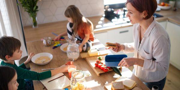 Mother packing lunch for kids in kitchen.