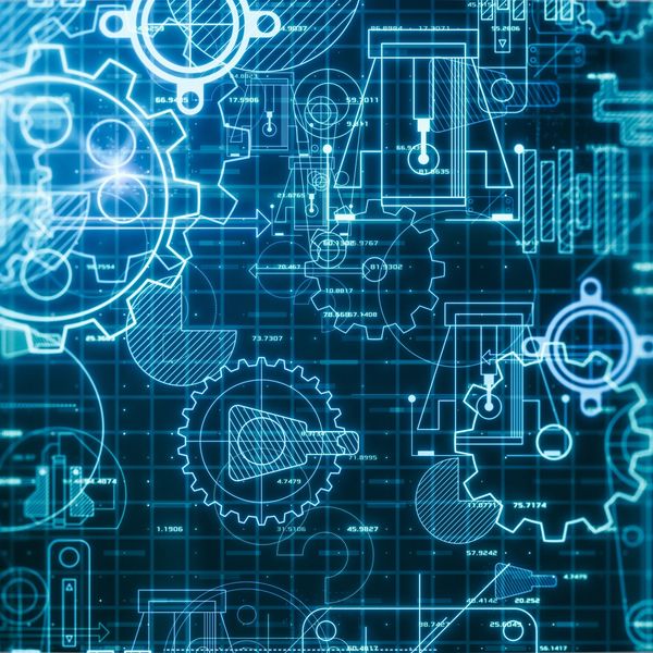 Digital blueprint showing mechanical gears and schematics representing DFM optimization.