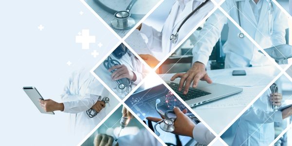 Collage of healthcare professionals using technology and stethoscopes.