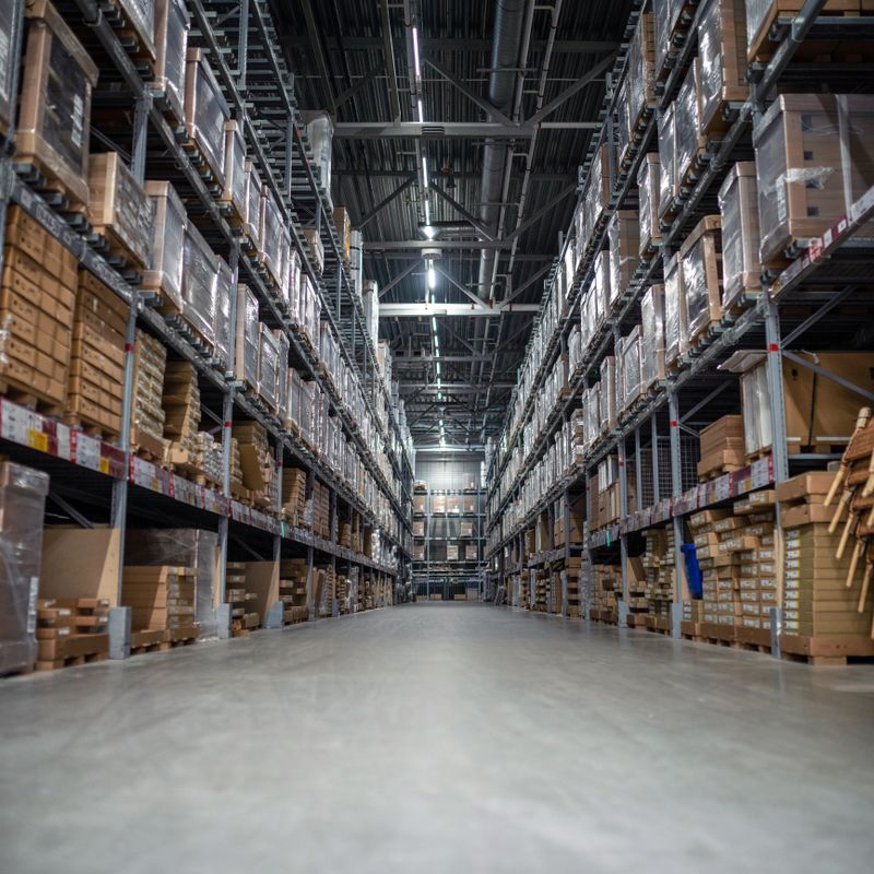 Distribution warehouse with a lot of shelfs with cardboard boxes