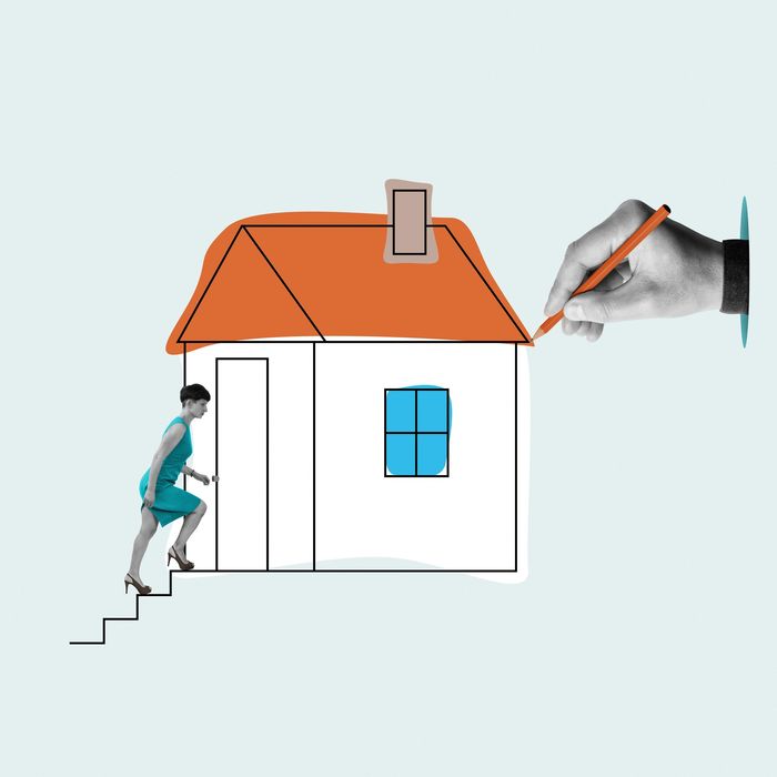 A woman entering a drawn house with a hand drawing the roof.
